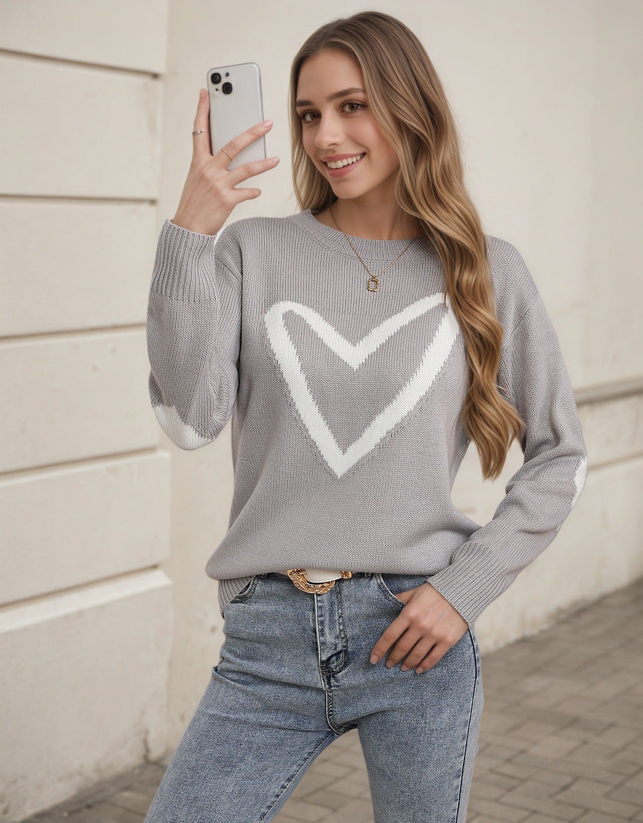 Damen Strickpullover Herzmotiv Lässiger Schnitt