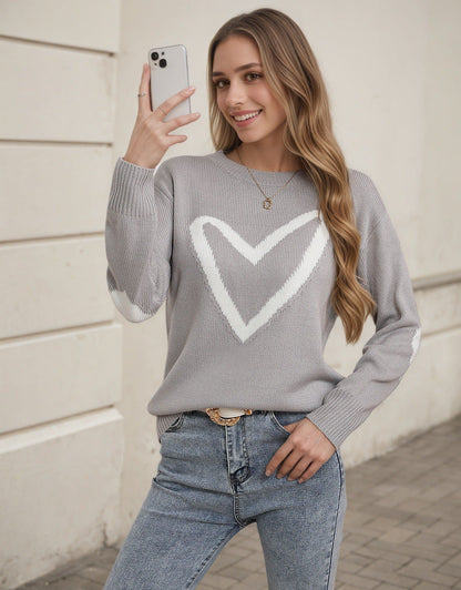 Damen Strickpullover Herzmotiv Lässiger Schnitt