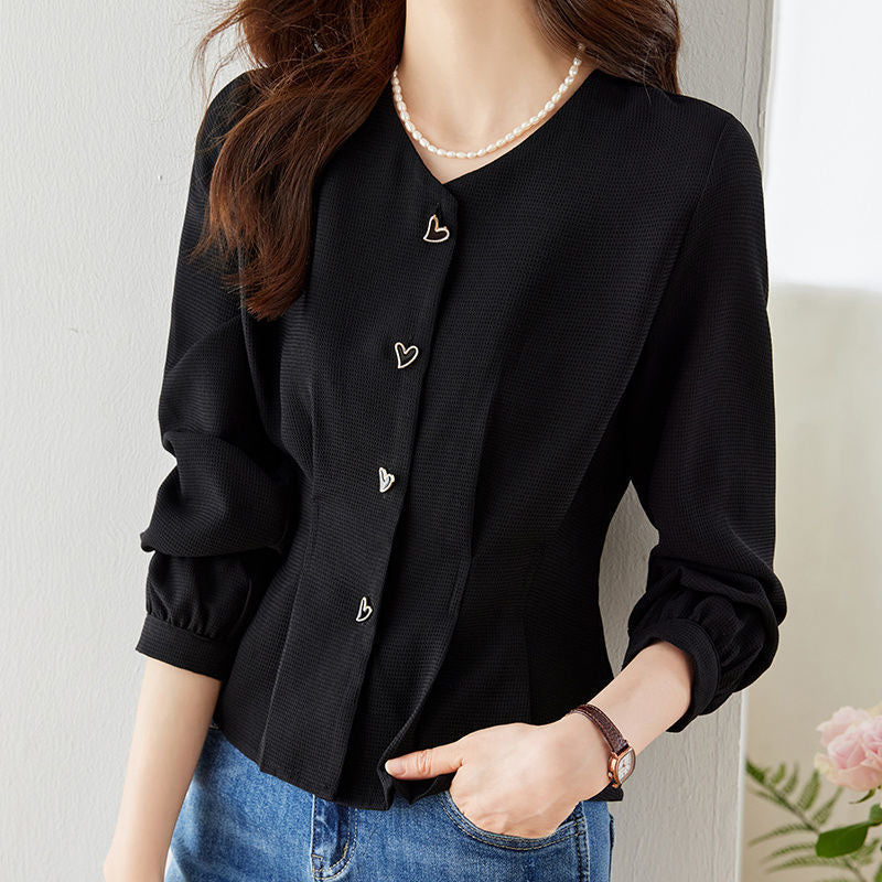 Damen Bluse Herzknöpfe Voluminöse Ärmel Eveloria
