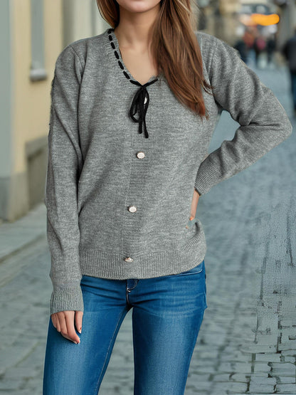 Damen Strickjacke Dekorative Knöpfe Kordelzug Beige