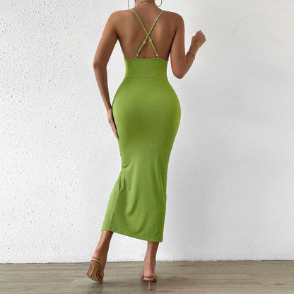 Damen Maxi-Kleid V-Ausschnitt Hochschlitz Cut-Out Elegant