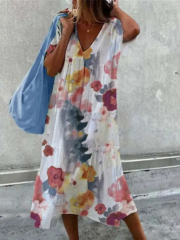 Damen Sommerkleid V-Ausschnitt Voluminöser Rock Eveloria
