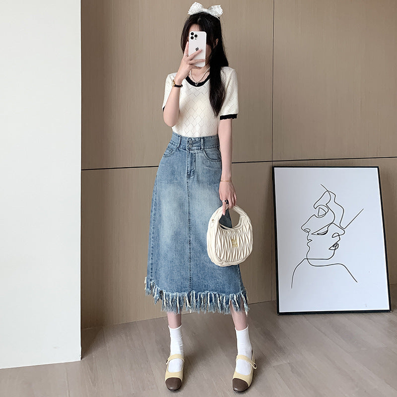 Damen Denim Midi-Rock Fransiger Saum Blau Eveloria