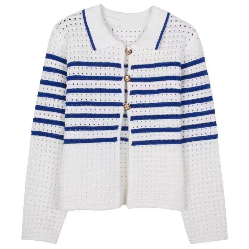Damen Strickcardigan Maritimes Streifenmuster Knöpfe Beige
