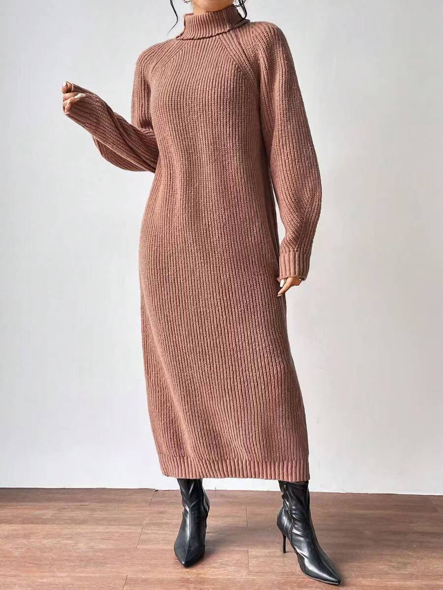 Damen Strickkleid Hochgeschlossener Kragen Weite Passform Beige