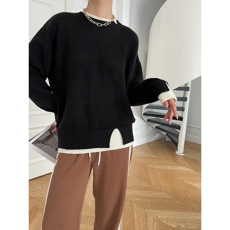 Damen Streifenpullover Hohler Kragen Locker Passform Grau Eveloria