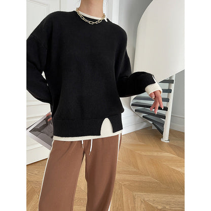 Damen Streifenpullover Hohler Kragen Locker Passform Grau Eveloria