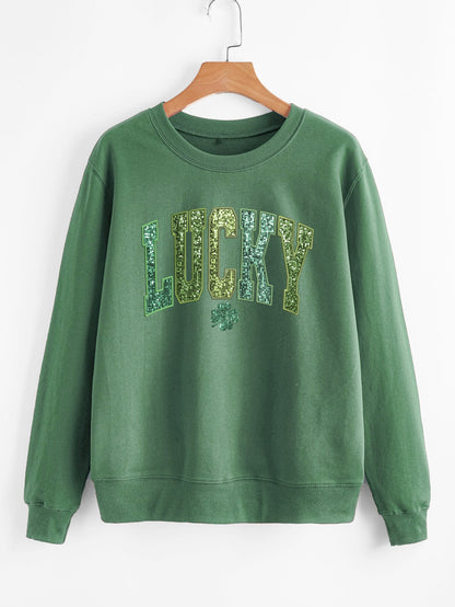 Damen Sweatshirt Glitzernd Kleeblattmotiv Grau Eveloria