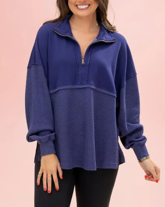 Damen Pullover Halbzipper Voluminöse Ärmel Grau Eveloria