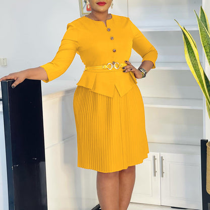 Damen Plissee-Kleid mit Taillenbluse und modischem Gürtel