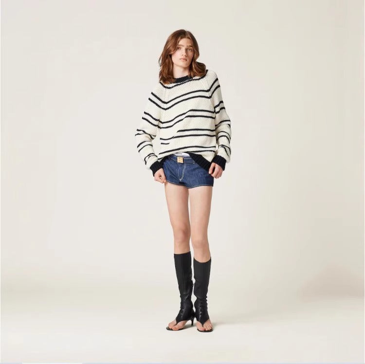 Damen Streifenpullover Grobstrick weiß Eveloria
