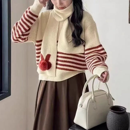 Damen Strickpullover Hochkragen Streifenmuster Eveloria