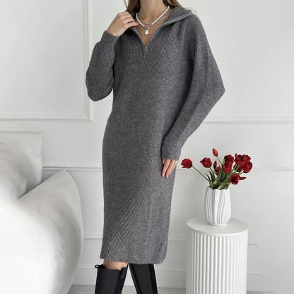 Damen Strickkleid Stehkragen Reißverschluss Eveloria