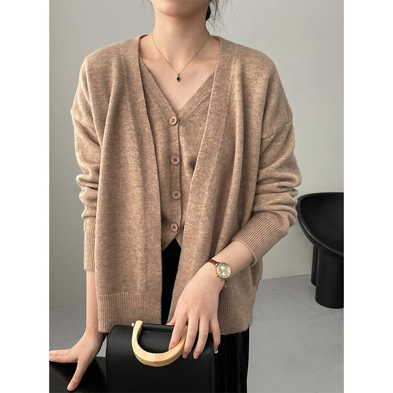Damen Cardigan Gestrickt V-Ausschnitt Beige