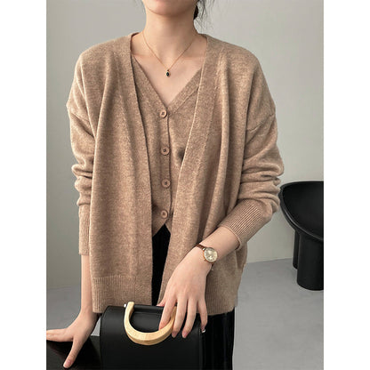 Damen Cardigan Gestrickt V-Ausschnitt Beige