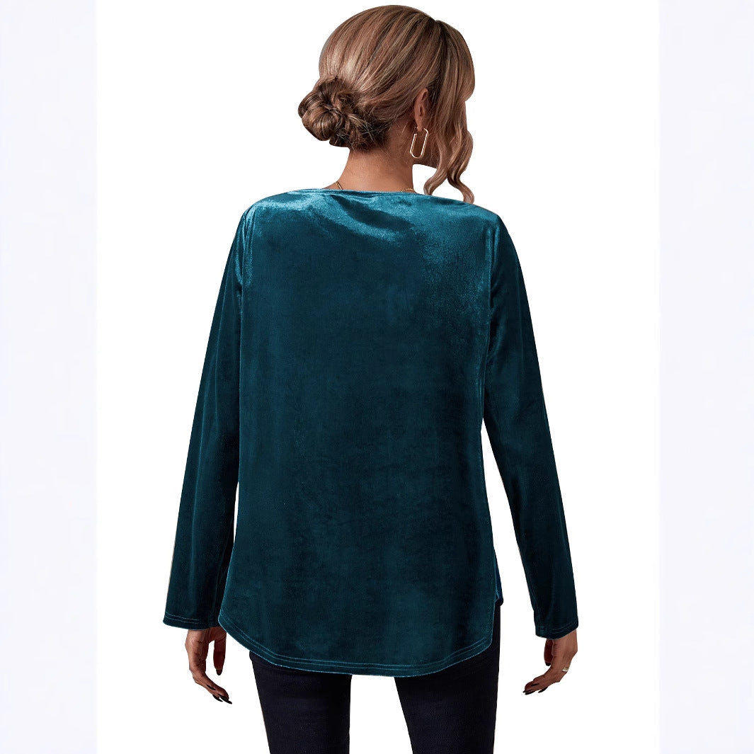 Damen Velours Oberteil Gerafft Knopfdetail Eveloria