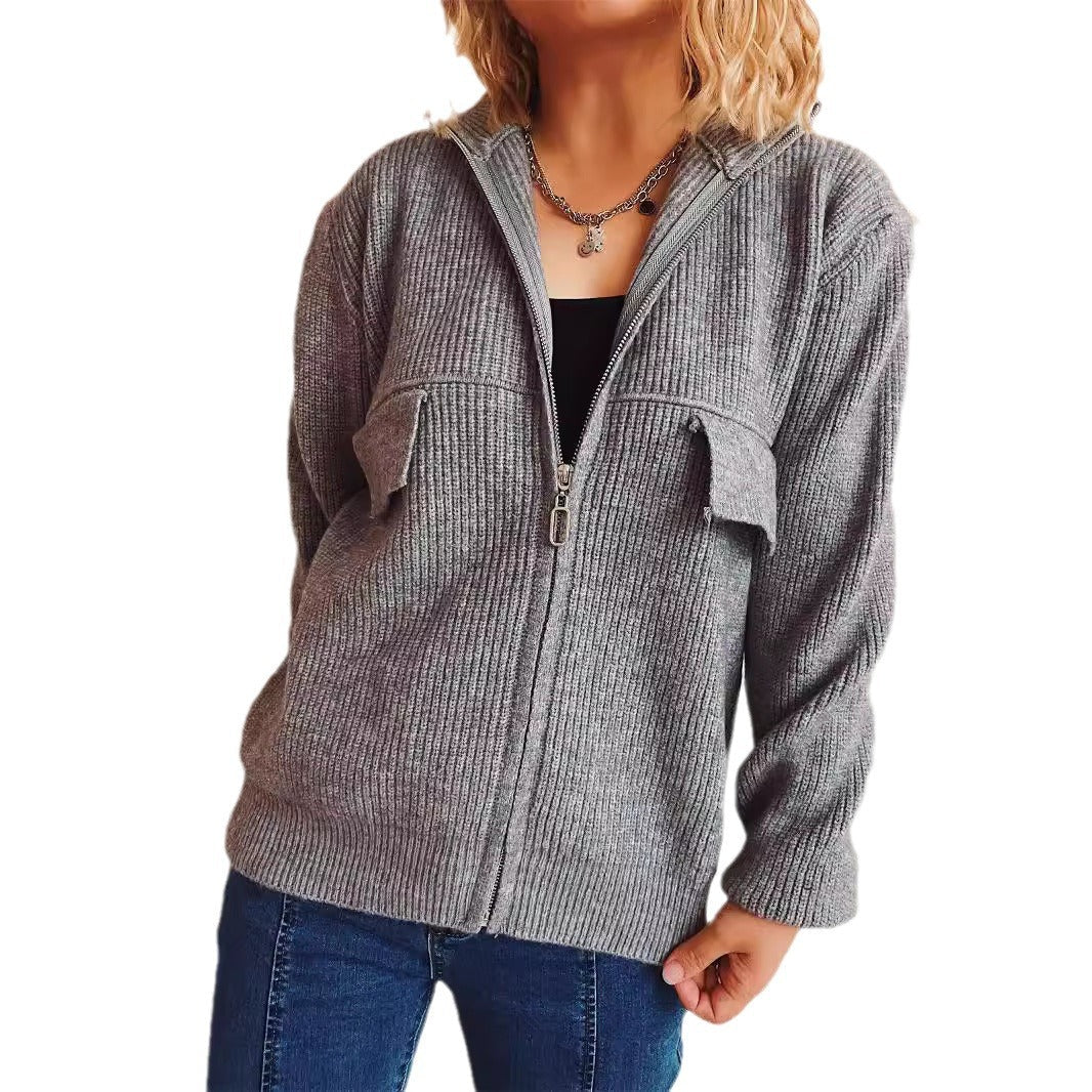 Damen Strickjacke Hochkragen Mit Taschen Anthrazit