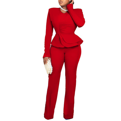 Damen Jumpsuit Peplum Schnitt Langer Ärmel Eveloria