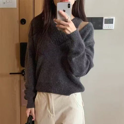 Damen Pullover V-Ausschnitt Strukturiert Grau Eveloria