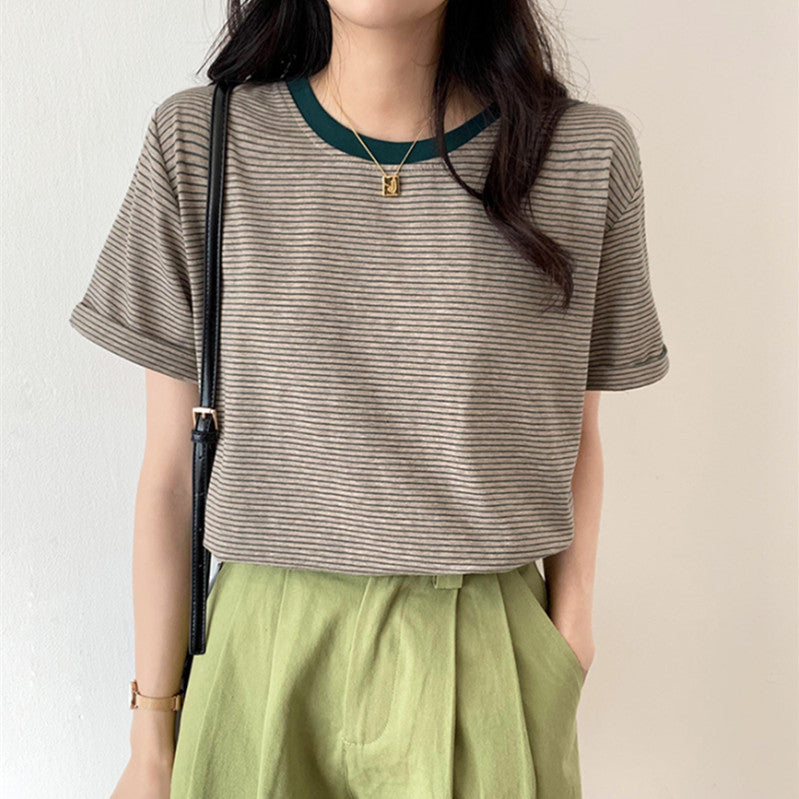 Damen T-Shirt Streifen Rundhals Bequem