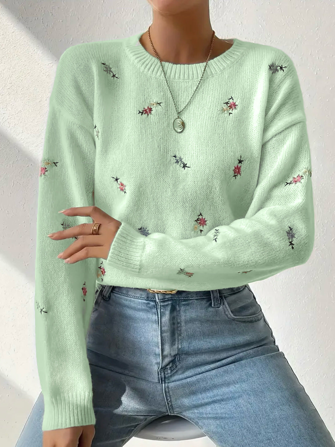 Damen Pulli Floral Stickerei Lässig Eveloria