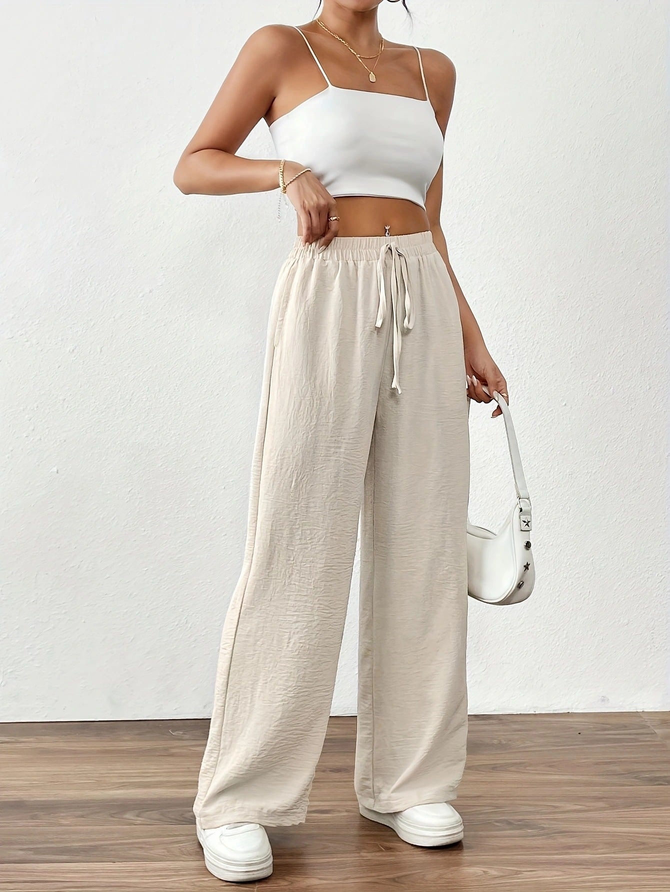 Damen Chiffon-Hose Weite Elastischer Bund Beige