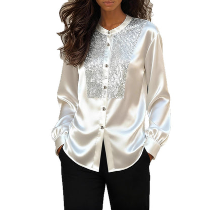 Damen Satinbluse mit Paillettenbesatz Elegant