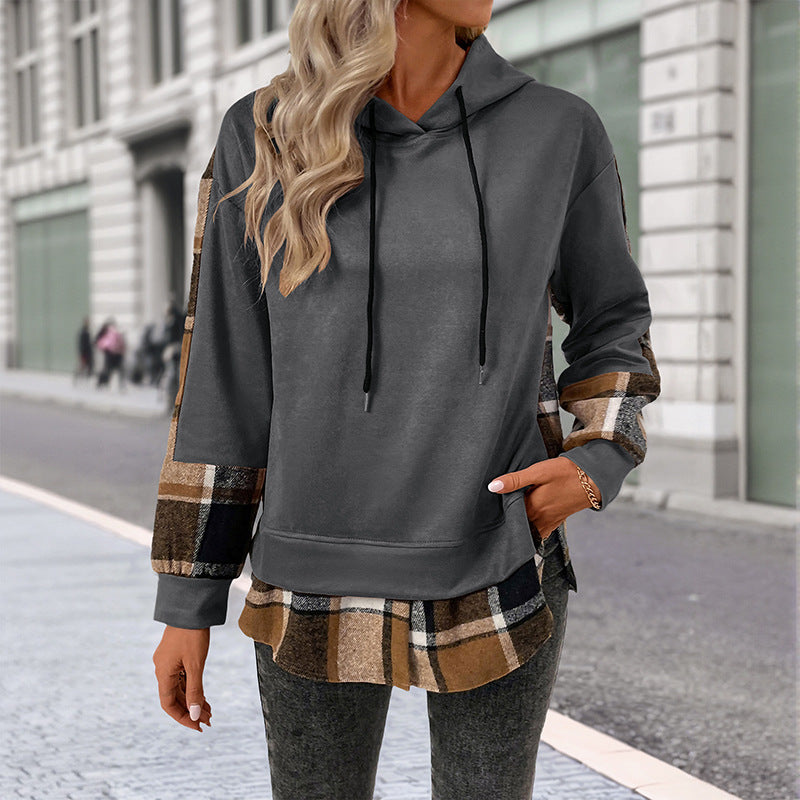 Damen Kapuzenpullover Kariert Patchwork Baumwolle