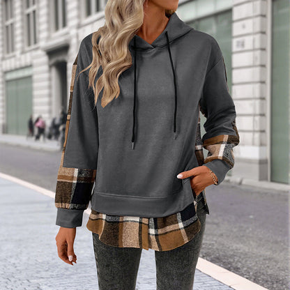 Damen Kapuzenpullover Kariert Patchwork Baumwolle