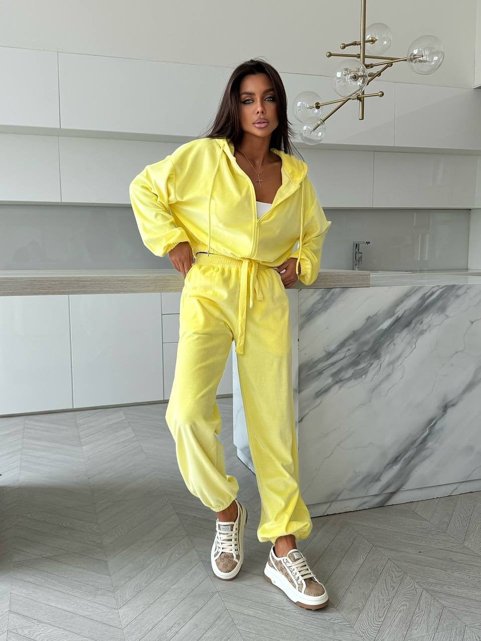Damen Fleece-Loungewear-Set mit Kapuze Elastisch Beige