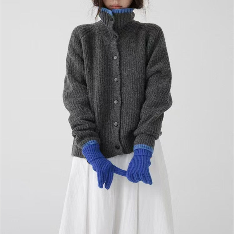 Damen Strickjacke Stehkragen Dekorative Knöpfe Eveloria