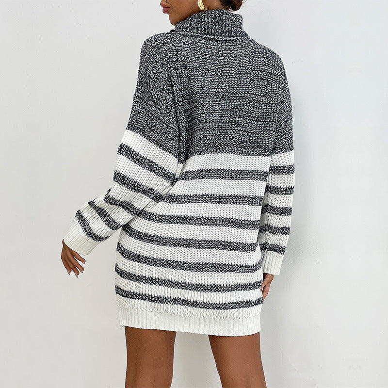 Damen Strickkleid Hochkragen Modische Streifen
