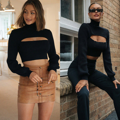 Damen Pullover Cropped Hohler Kragen Cut-Out Schwarz - Eveloria