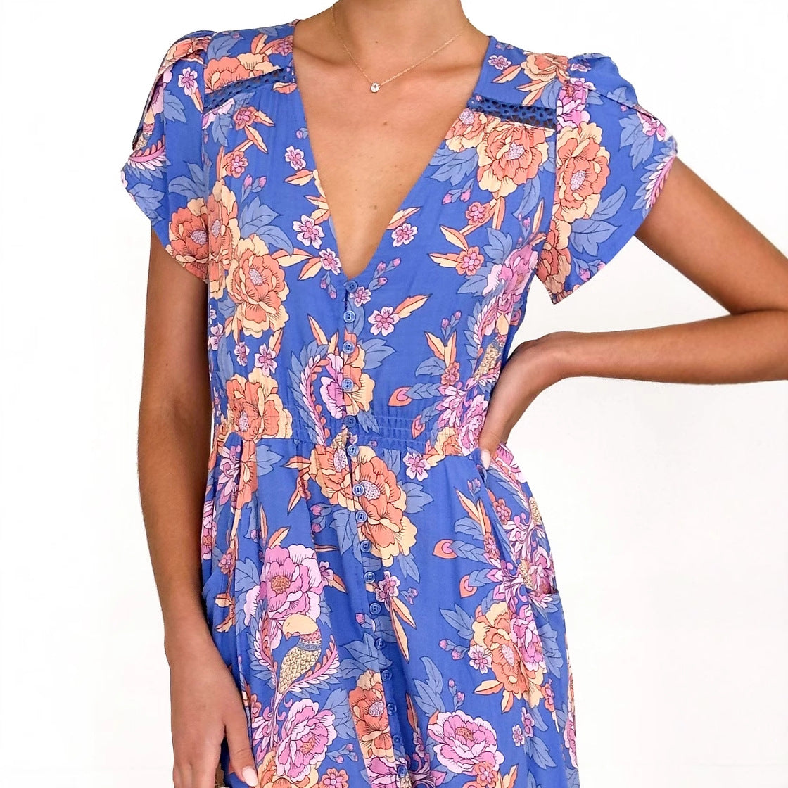 Damen Maxikleid Floralmuster V-Ausschnitt