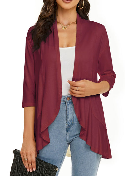 Eveloria Damen Strickjacke Einfarbig 7/8 Ärmel Rüschenrand