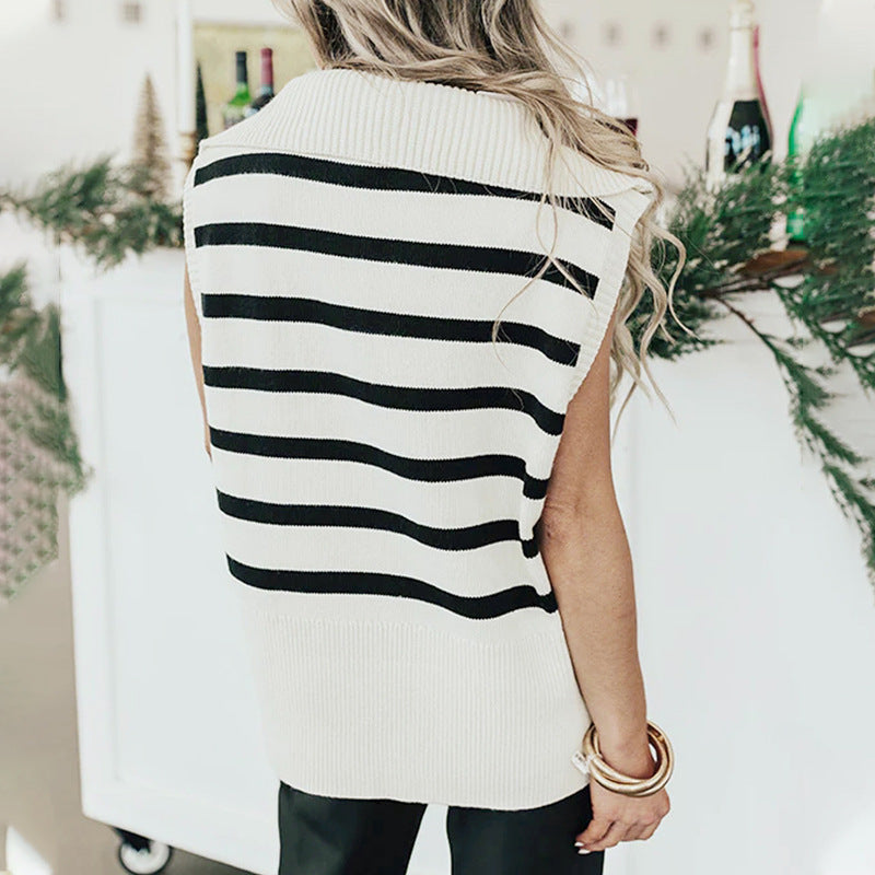 Damen Stricktop Ärmellos Streifen Hochgeschlossen