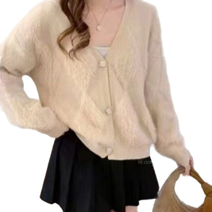 Damen Strickjacke Flauschig mit Knöpfen Beige