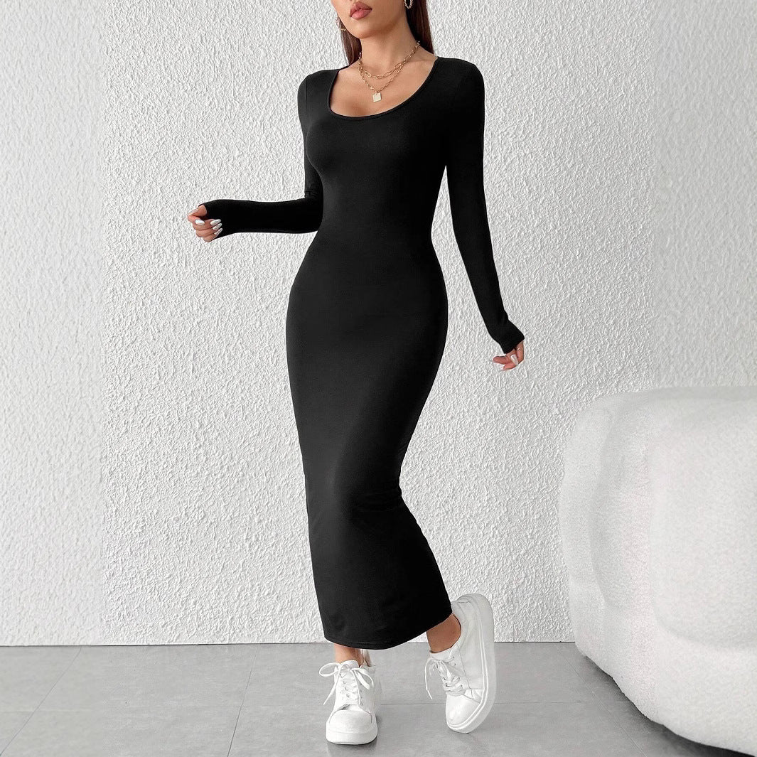 Damen Maxikleid Figurbetont Langarm Rundhalsausschnitt Eveloria
