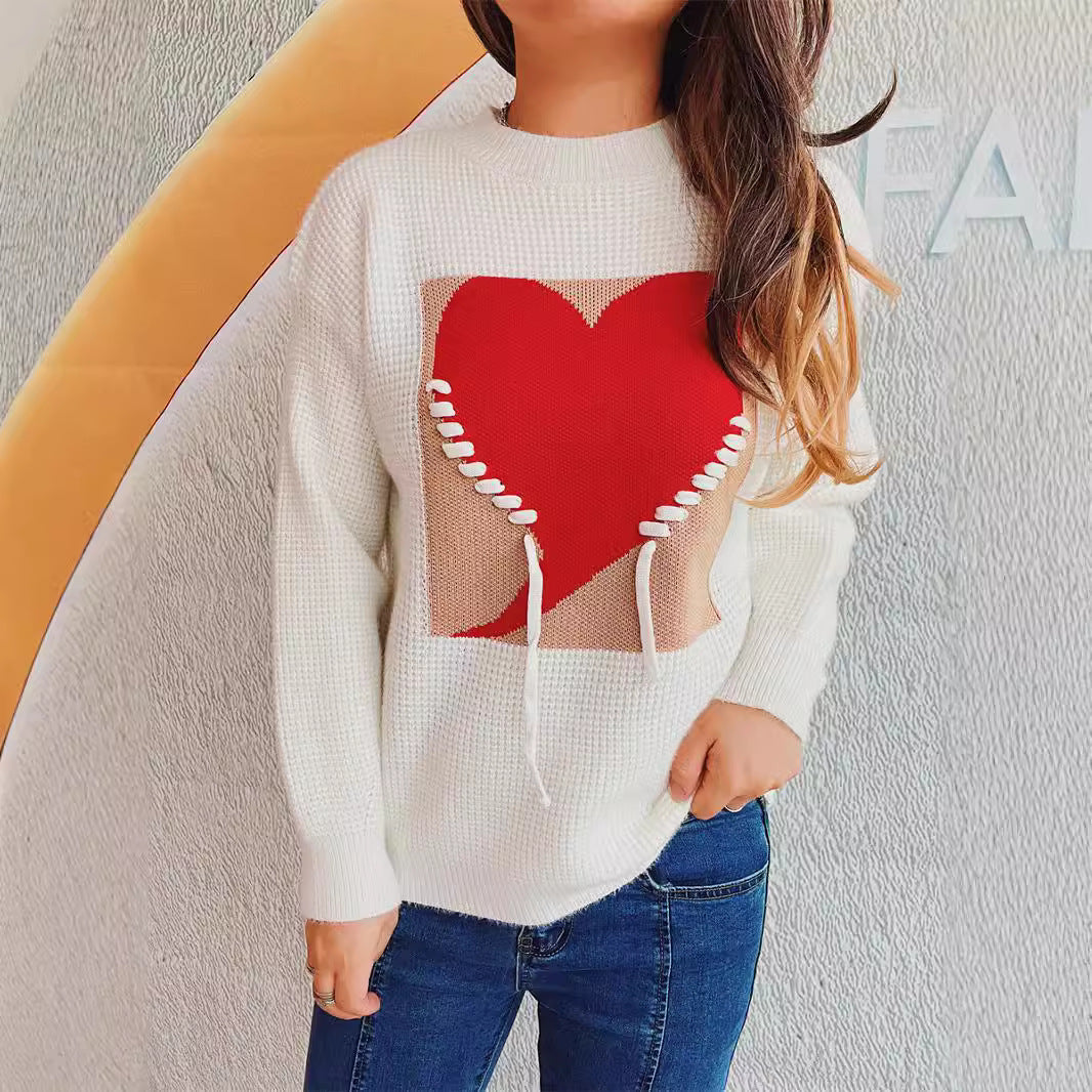 Damen Pullover mit Herzapplikation und Kordelzug