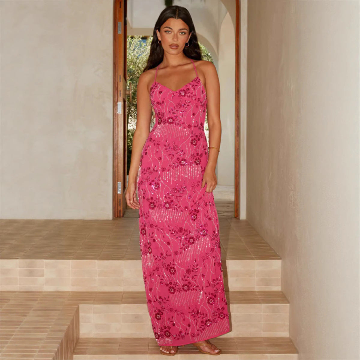 Damen Maxikleid V-Ausschnitt mit Applikationen Eveloria - Eveloria