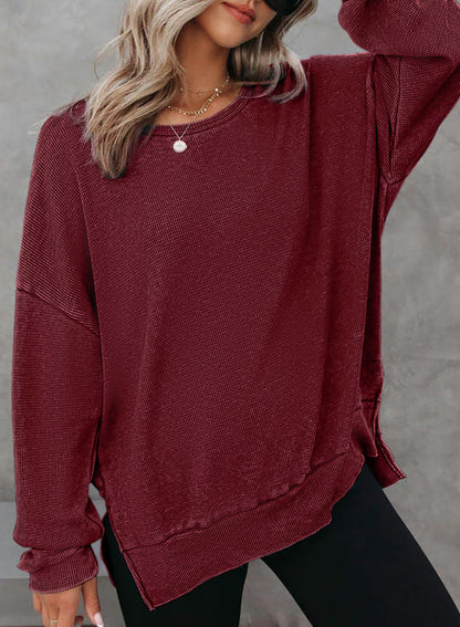 Damen Waffelpullover Lässig Mit Seitenschlitzen Grau Eveloria
