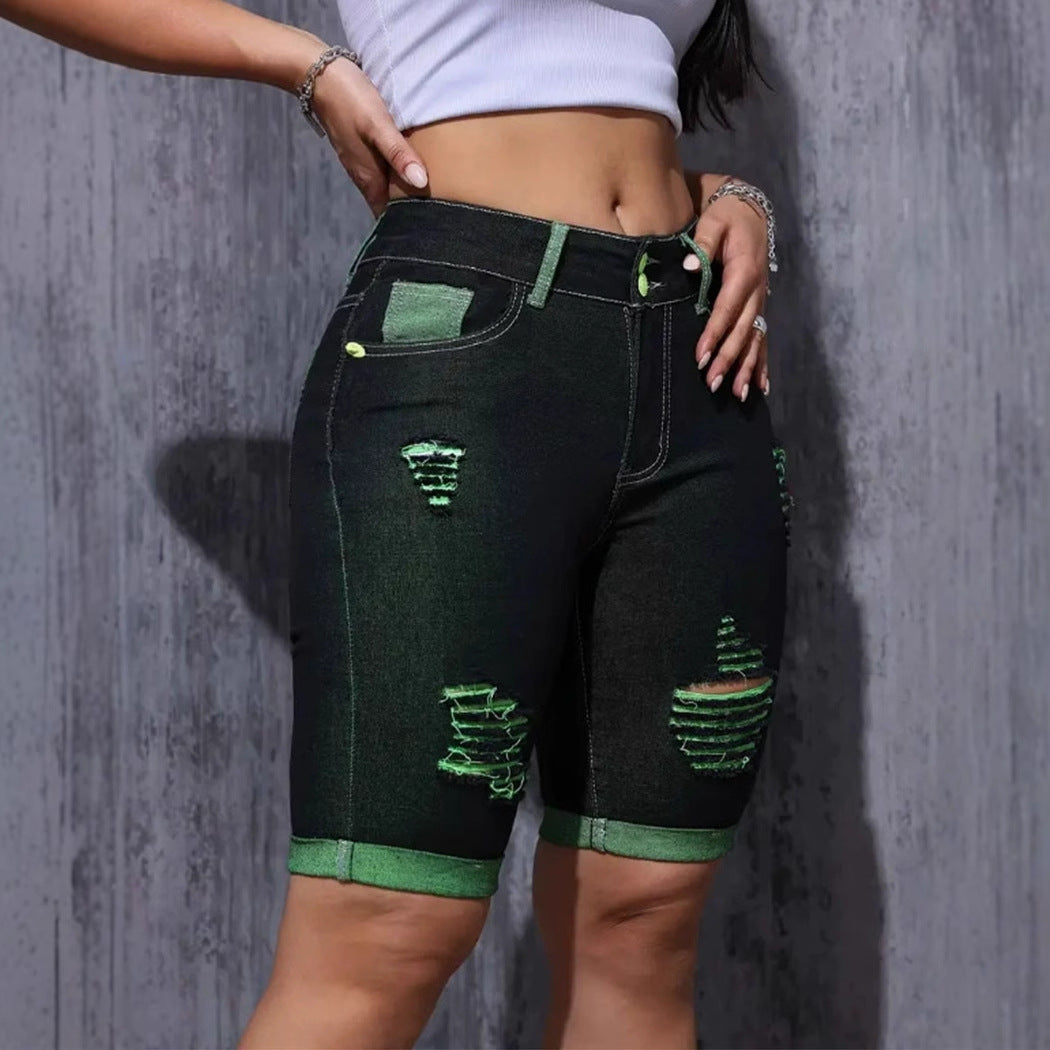 Damen Highwaist Destroyed Denim Shorts Neonfarben