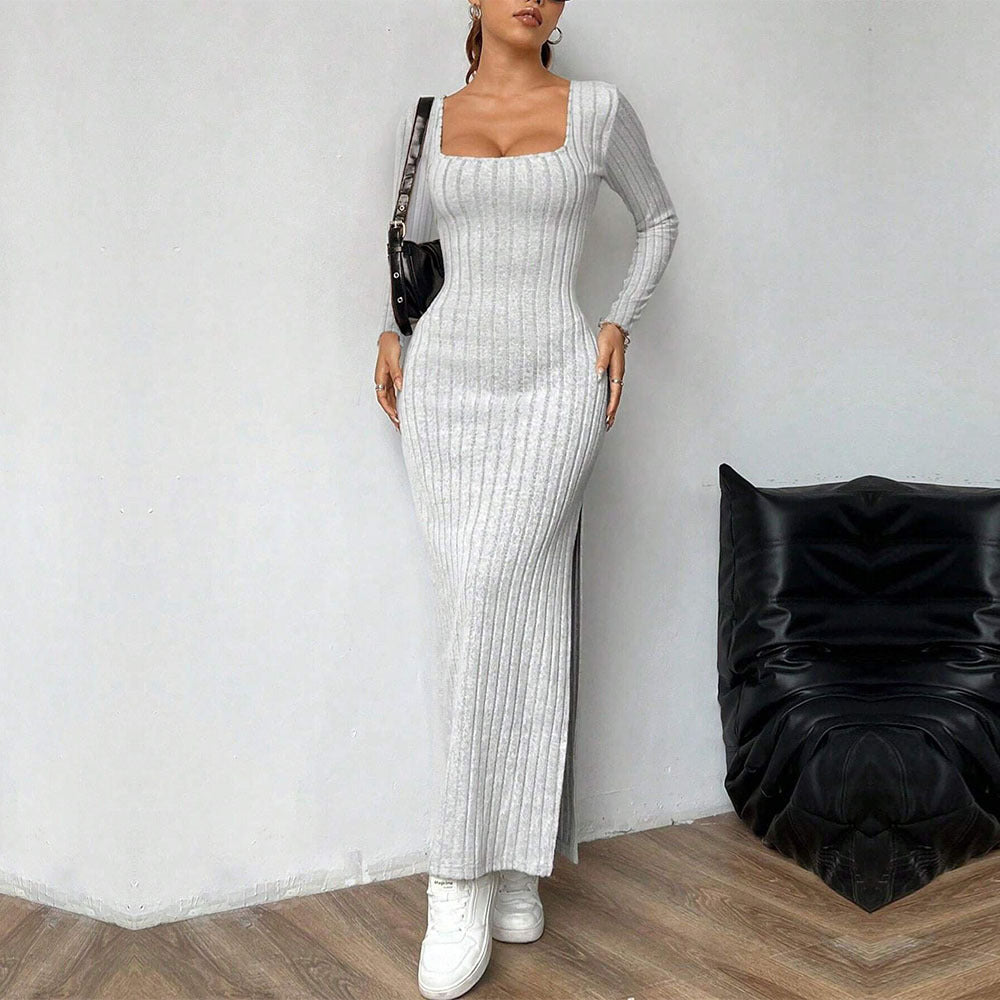 Damen Maxi-Kleid Rippenstrick Schlitz Eveloria