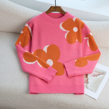 Damen Grobstrickpullover Blumenmuster Rundhals Eveloria