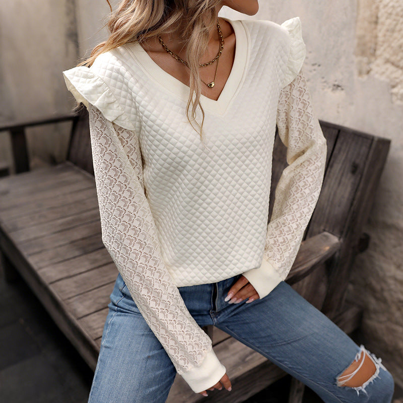 Damen Pullover Spitzenärmel Waffelmuster Grau Eveloria