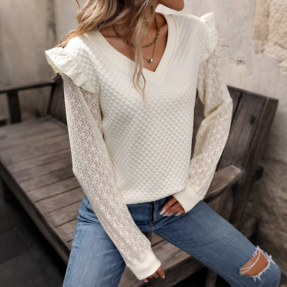 Damen Pullover Spitzenärmel Waffelmuster Grau Eveloria