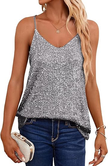 Damen Spaghetti-Trägertop V-Ausschnitt Glitzerdetails Eveloria