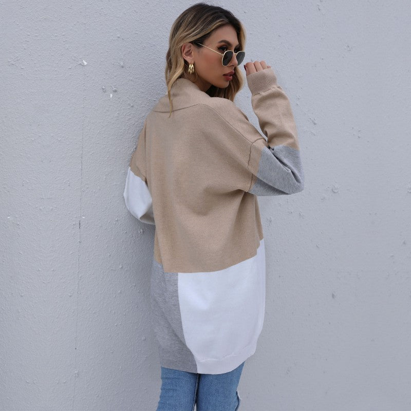 Damen Cardigan Lang Weiches Strickmaterial Farbblock Muster