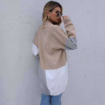 Damen Cardigan Lang Weiches Strickmaterial Farbblock Muster