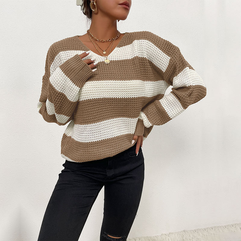 Damen Pullover Strukturiertes Waffelmuster V-Ausschnitt Beige